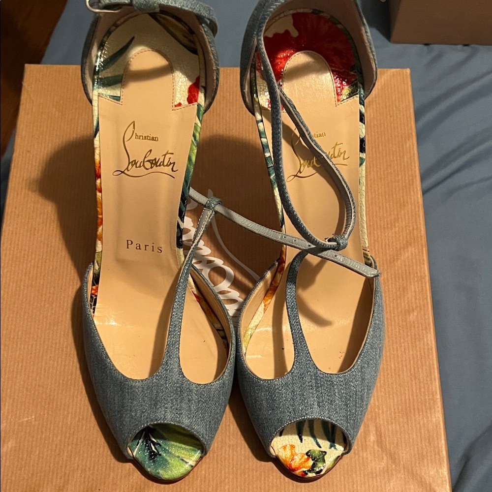 Christian Louboutin Blue and White Senora 100 Heels